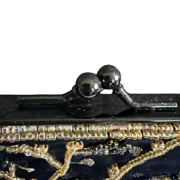 Vintage Lancome Beaded Gold Beads Flowers Shoulder Clutch Bag Women Black - Picture 5 of 10